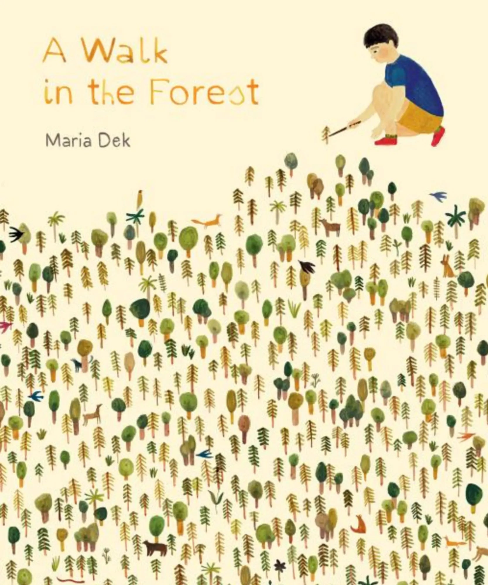 Book cover of 'A Walk in the Forest' by Maria Dek with illustrations of a child and forest.