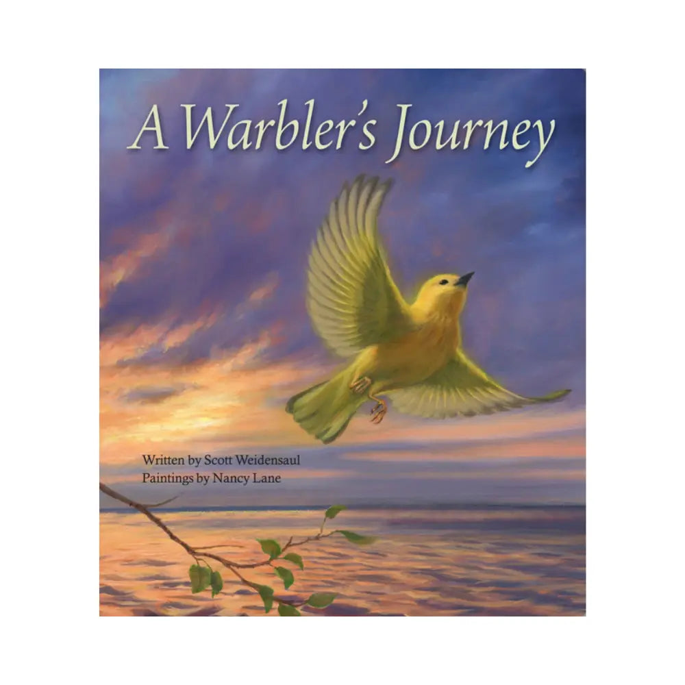 Book cover of 'A Warbler's Journey' with a bird flying over water at sunset.