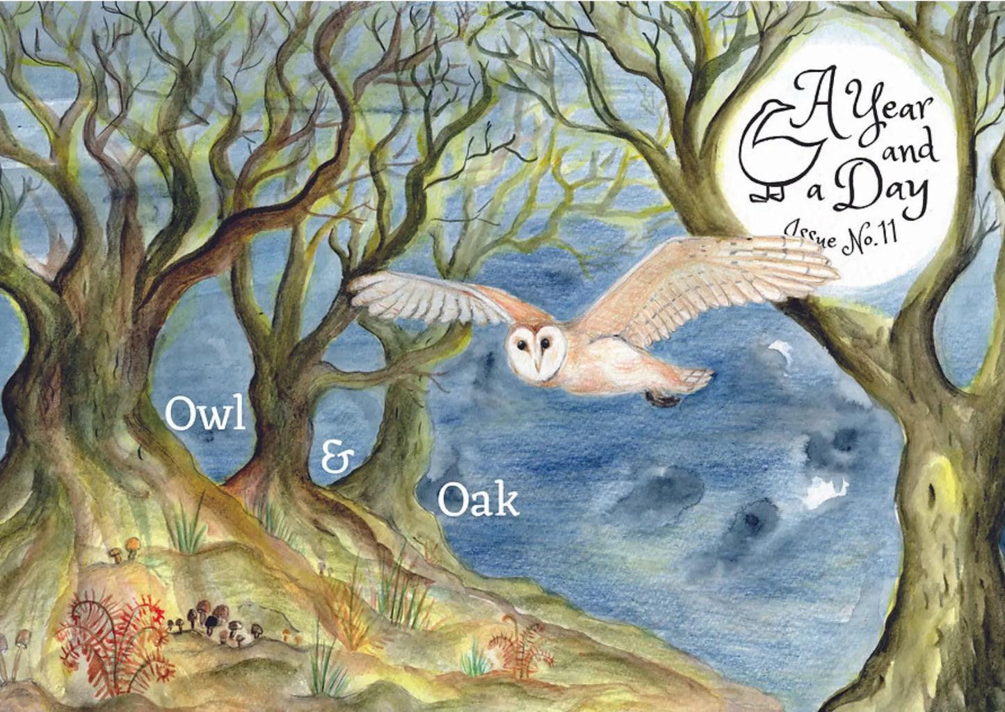Illustration of an owl flying between two trees with 'Owl & Oak' and 'A Year and a Day' text.