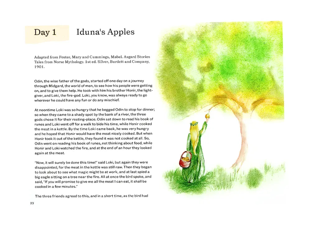 Page from A Year and a Day Magazine for kids with an illustration of a tree and characters next to a story