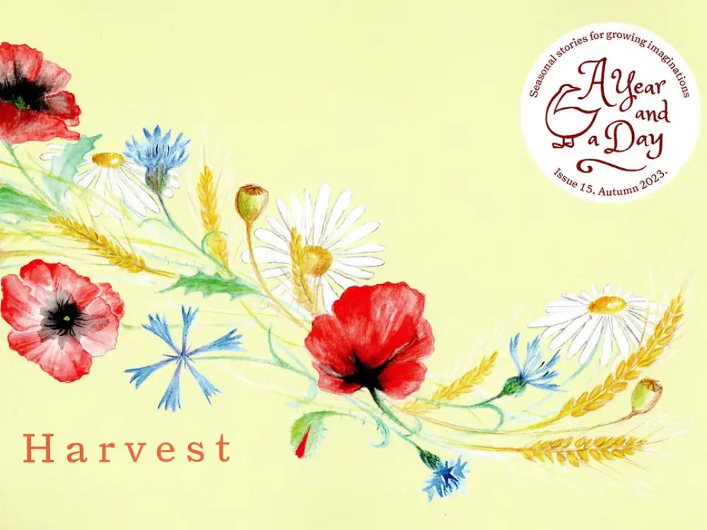 Floral design with red poppies, white daisies, and blue flowers on a yellow background with 'A Year and a Day' branding.