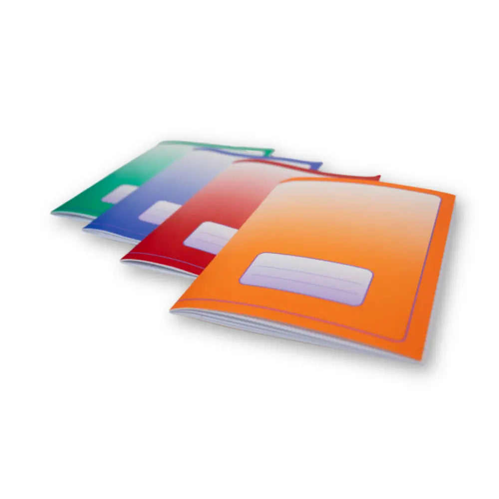 A5 College Ruled Exercise Books shown in red, orange, green, and blue covers for color-coded school subjects.