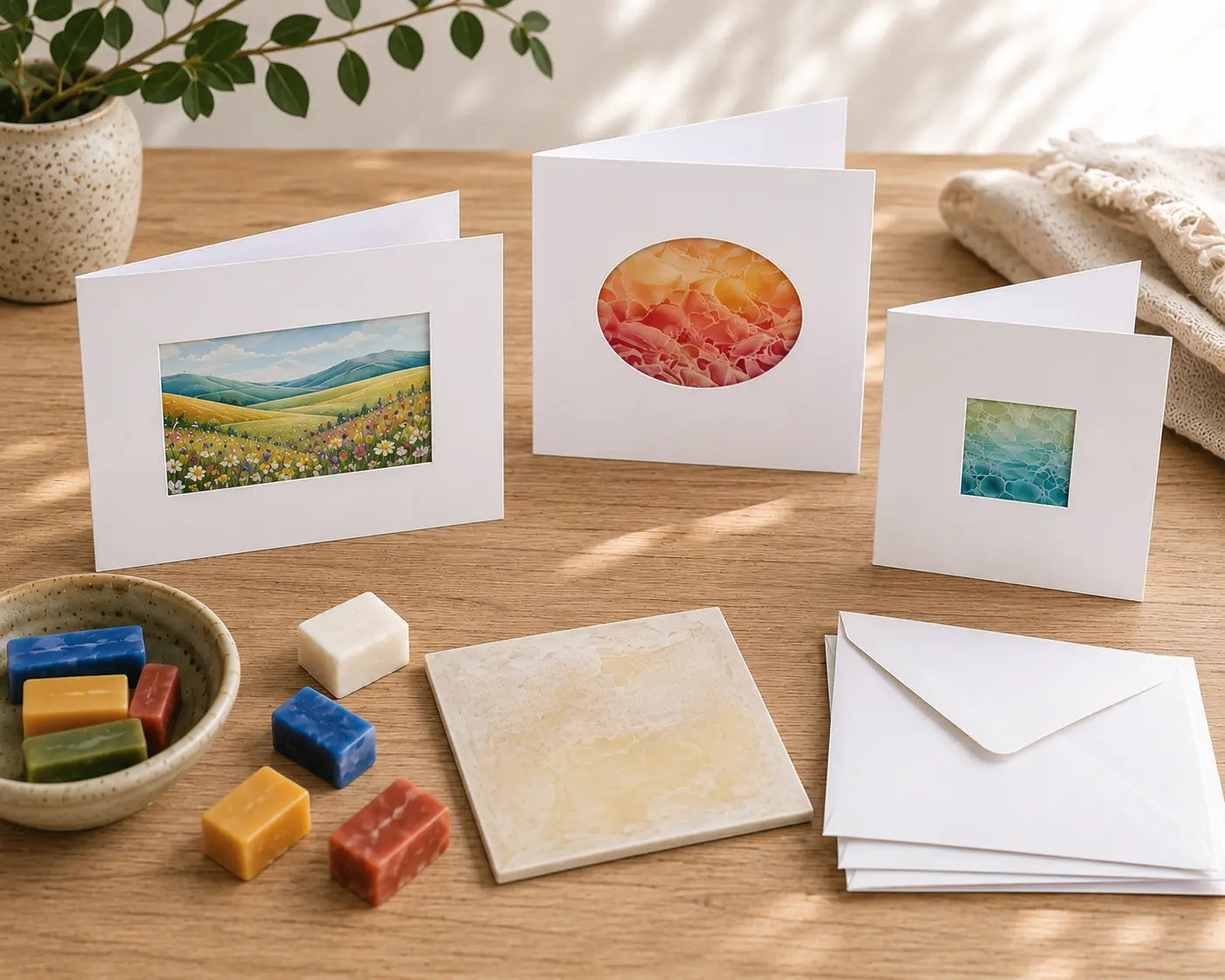 A6 encaustic window cards with rectangular, oval, and square openings displayed with finished wax artwork, envelopes, and encaustic wax blocks on a wooden table
