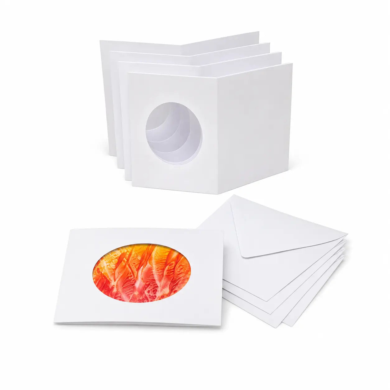 Five white A6 oval window cards with matching envelopes and a sample encaustic wax painting displayed through the oval opening