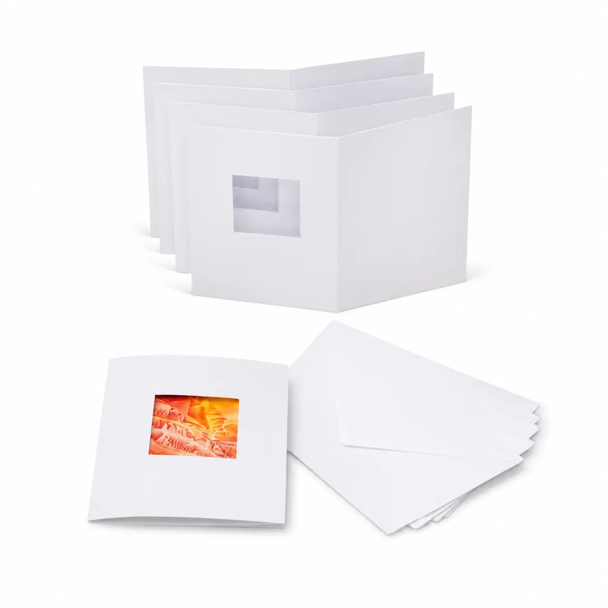 Five white A6 square window cards with matching envelopes and a sample encaustic wax painting 