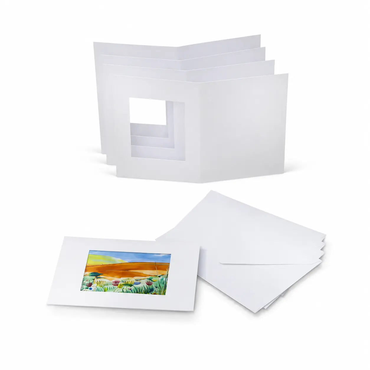 Five white A6 rectangle window cards with matching envelopes and a sample encaustic wax painting 