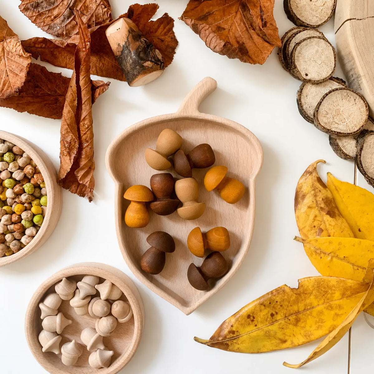 Acorn-shaped wooden nature table tray filled with wooden acorns and mushrooms, surrounded by autumn leaves, wood slices, and natural loose parts.
