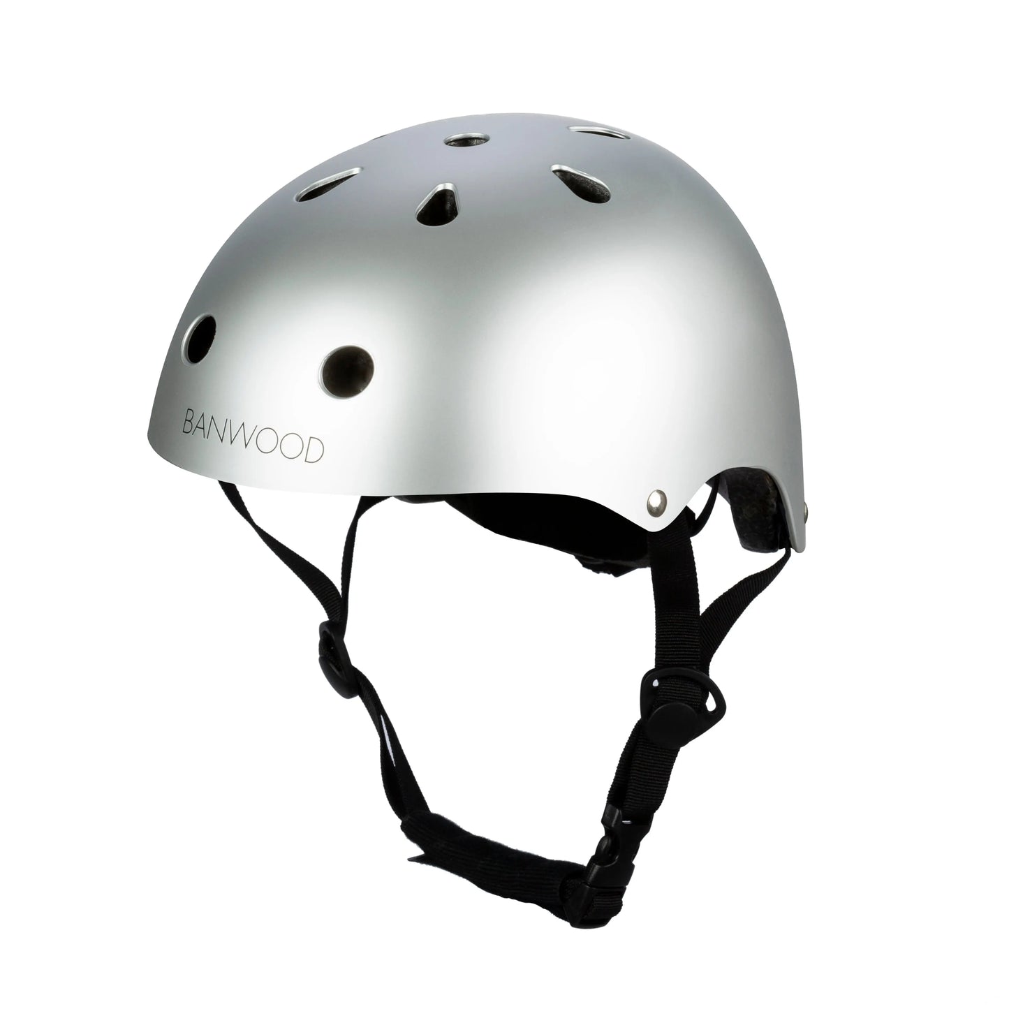Silver helmet with black straps on a white background, featuring the brand 'Banwood'.