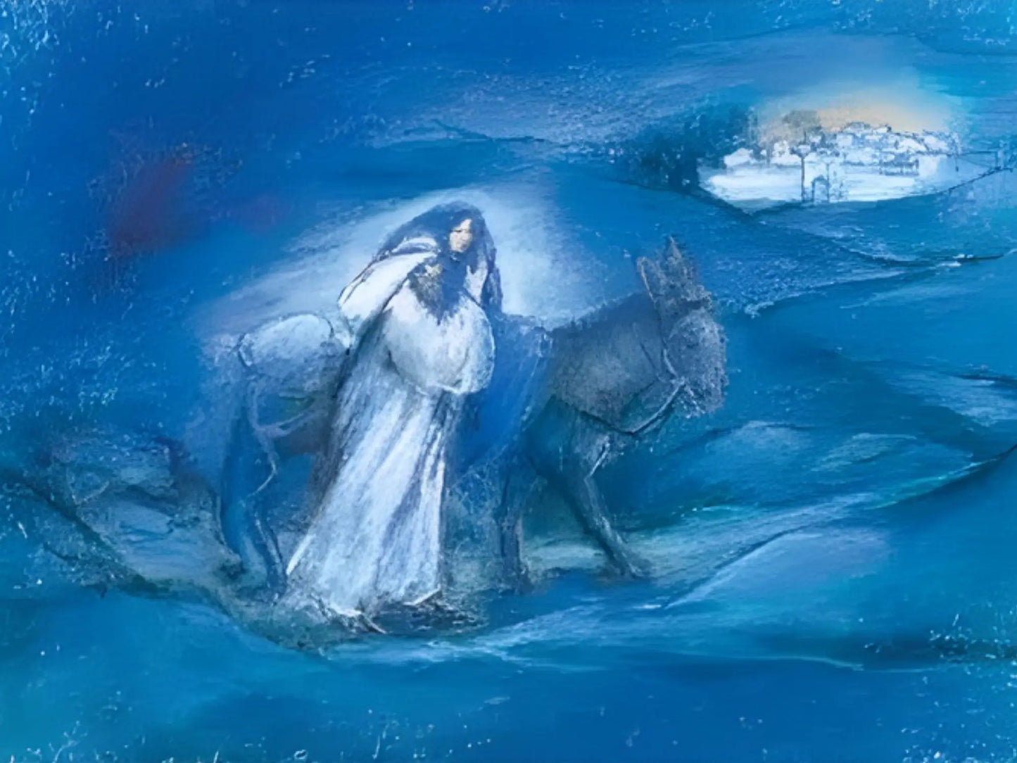 artistic depiction of Mary in blue riding a donkey next to Joseph in white heading to a distant Bethlehem