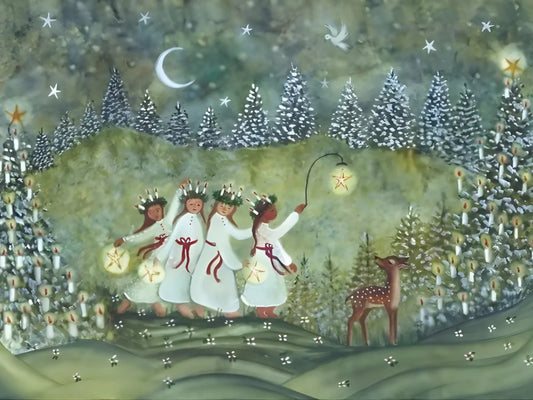 Festive scene with children in white dresses with red ribbons, a deer, and candles in a forest setting.