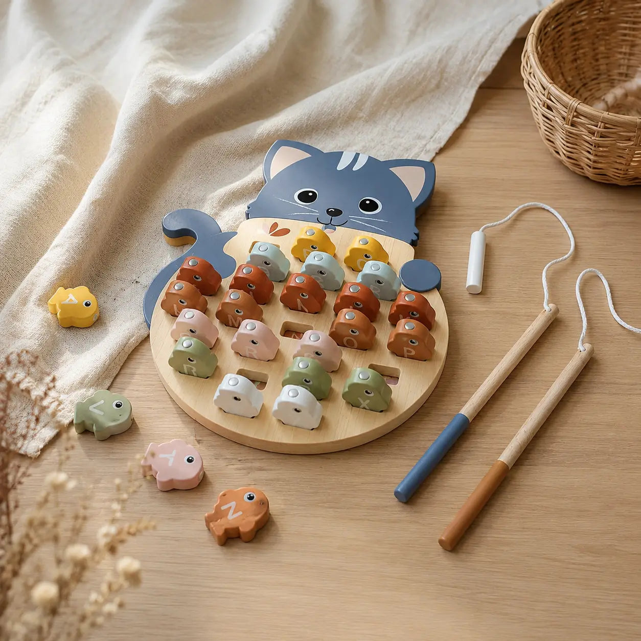 Wooden fishing toy with cat design and small animal figures on a wooden surface.