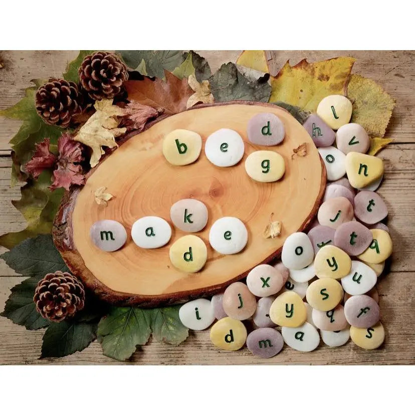 Stones with lowercase alphabet letters on top of a wood tree piece with leaves and pinecones