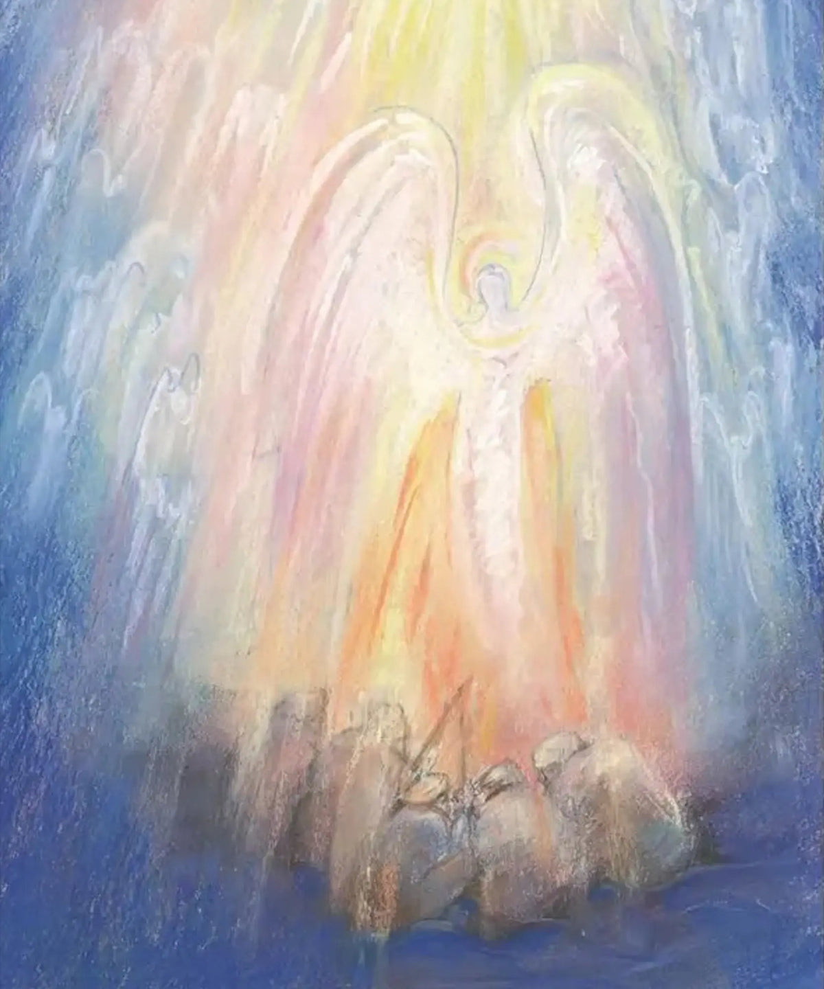 Peace on Earth postcard by Marjan van Zeyl depicting an angel with outstretched wingsin front of shepherds.
