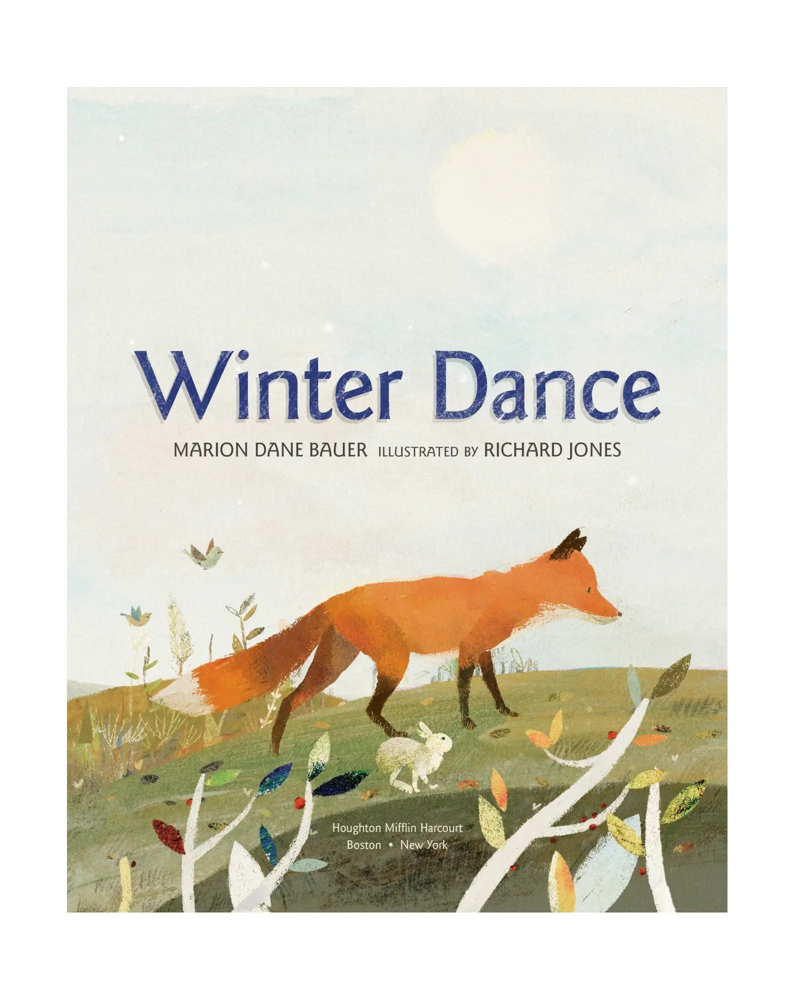 Illustration of a fox walking next to a hare walking in the grass with text Winter Dance