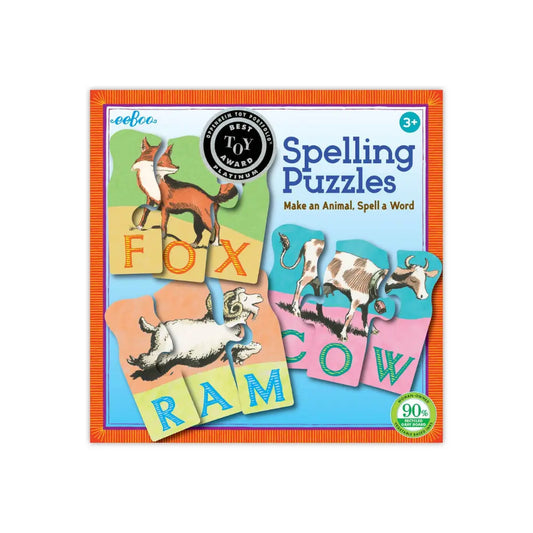 Front of animal spelling puzzles box showing illustrated animals and letters