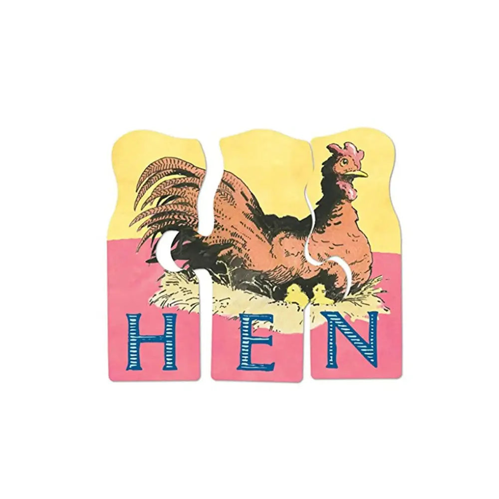 Close-up of hen spelling puzzle showing three letter word formation