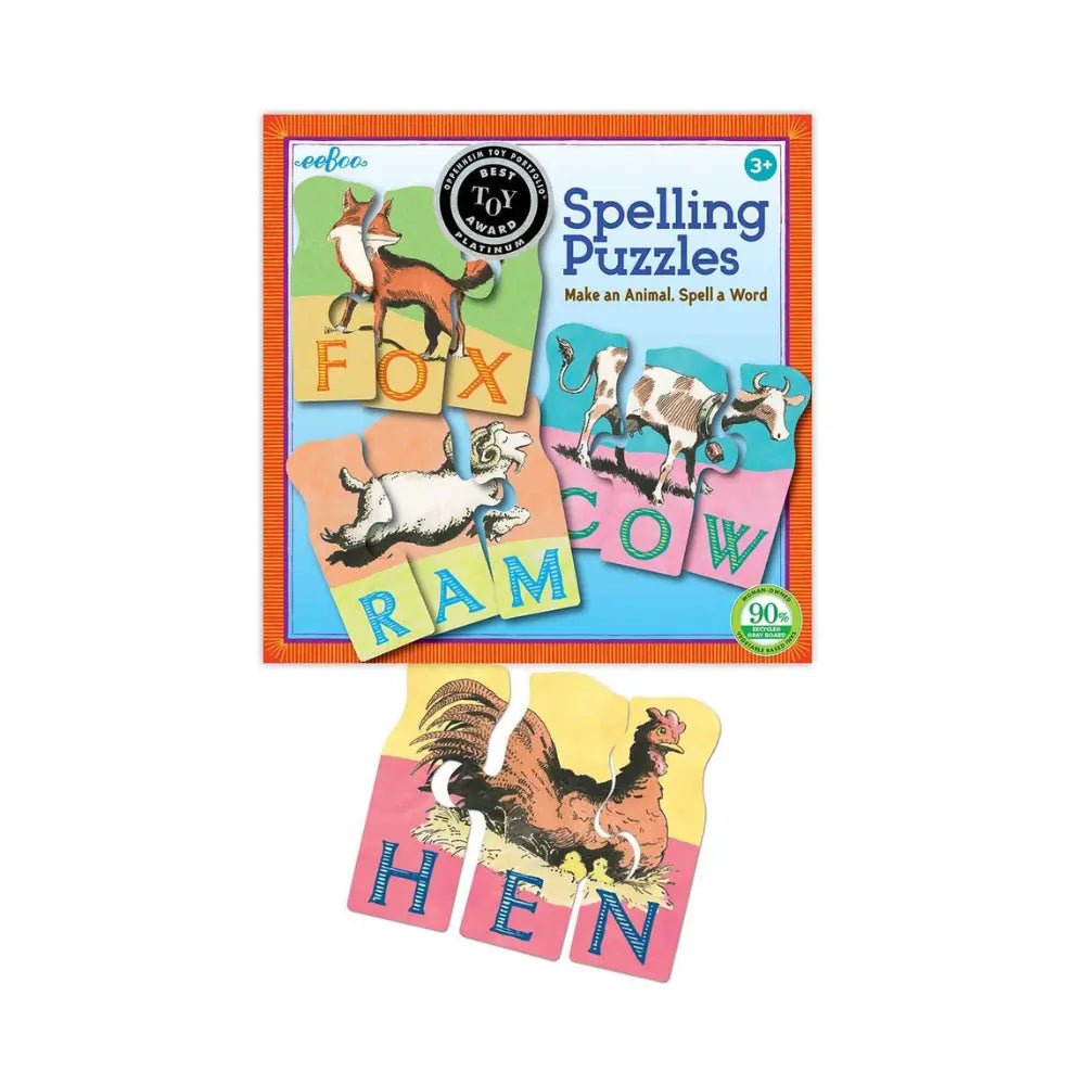 Animal spelling puzzles set with box and puzzle pieces laid out showing three letter words