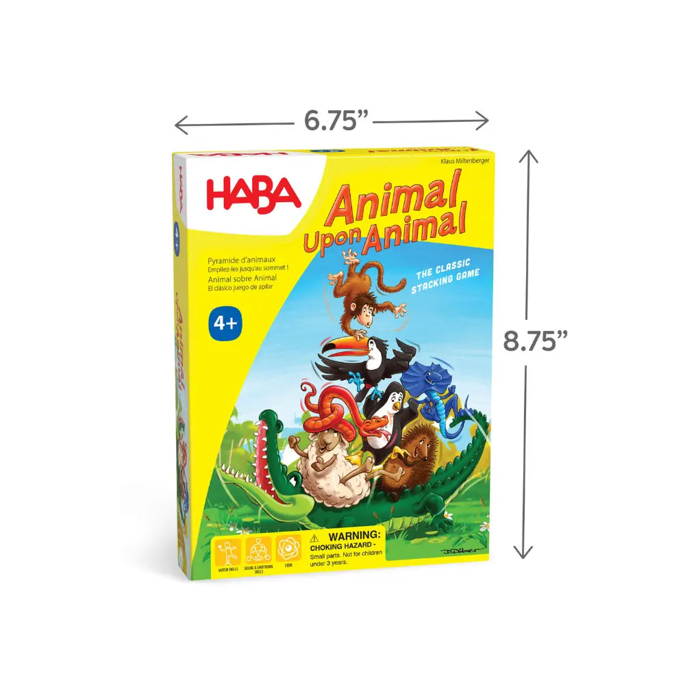 Animal Upon Animal compact game box shown with size measurements for scale