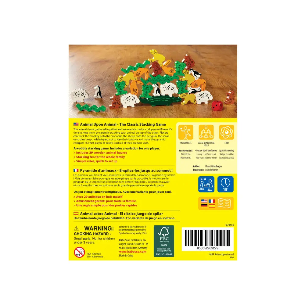 Back of Animal Upon Animal compact board game box showing gameplay and contents