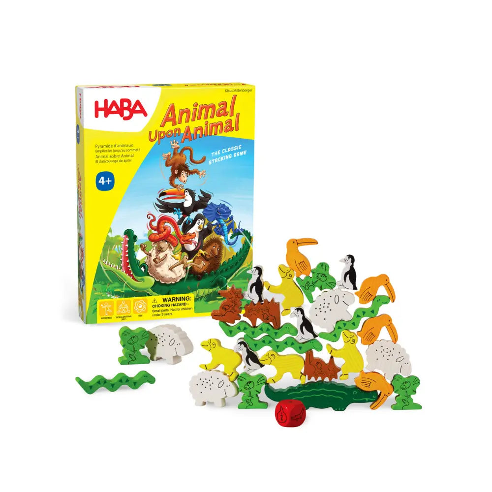 Front of Animal Upon Animal compact wooden stacking game box by HABA