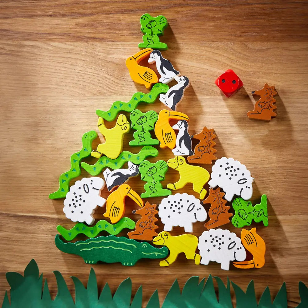 Animal Upon Animal wooden stacking game with animals stacked on table during play