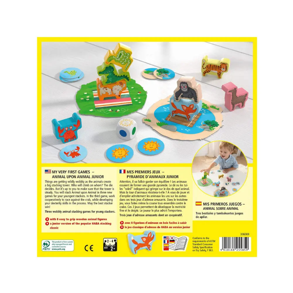 Back of Animal Upon Animal Junior game box showing gameplay and included pieces
