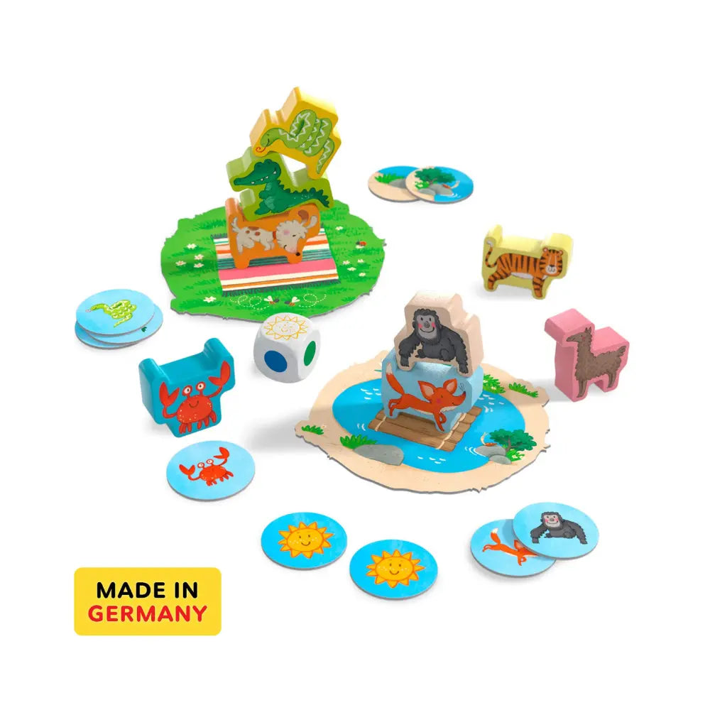Animal Upon Animal Junior game components with wooden animals and boards laid out
