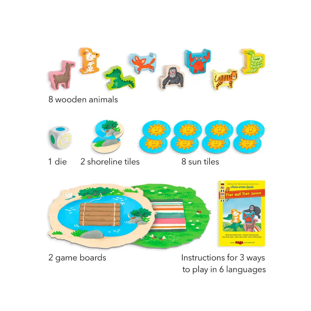 Animal Upon Animal Junior stacking game set up on table with wooden animals
