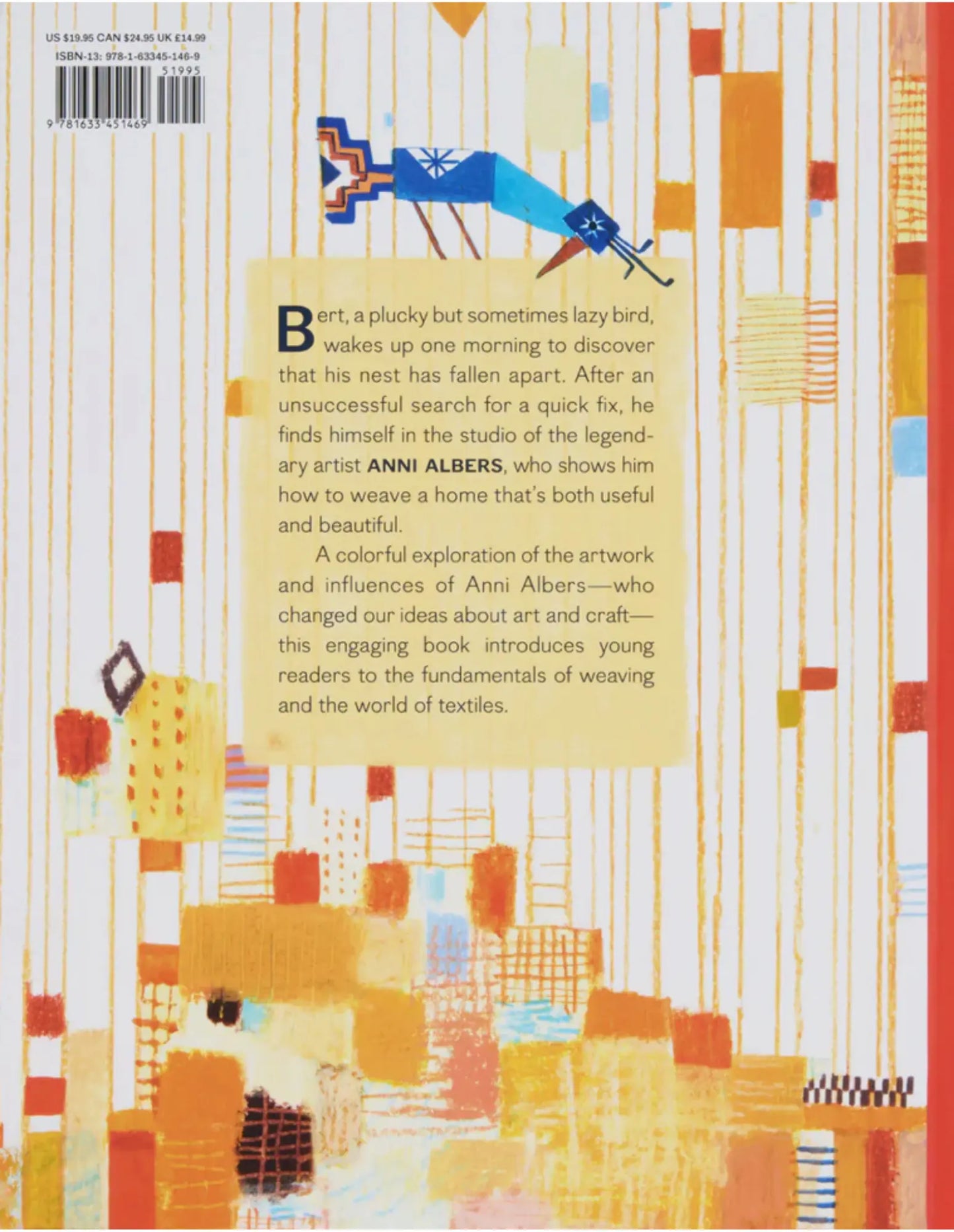 Back cover of Anni & Bert: A Weaving Story with woven textile illustrations and book description