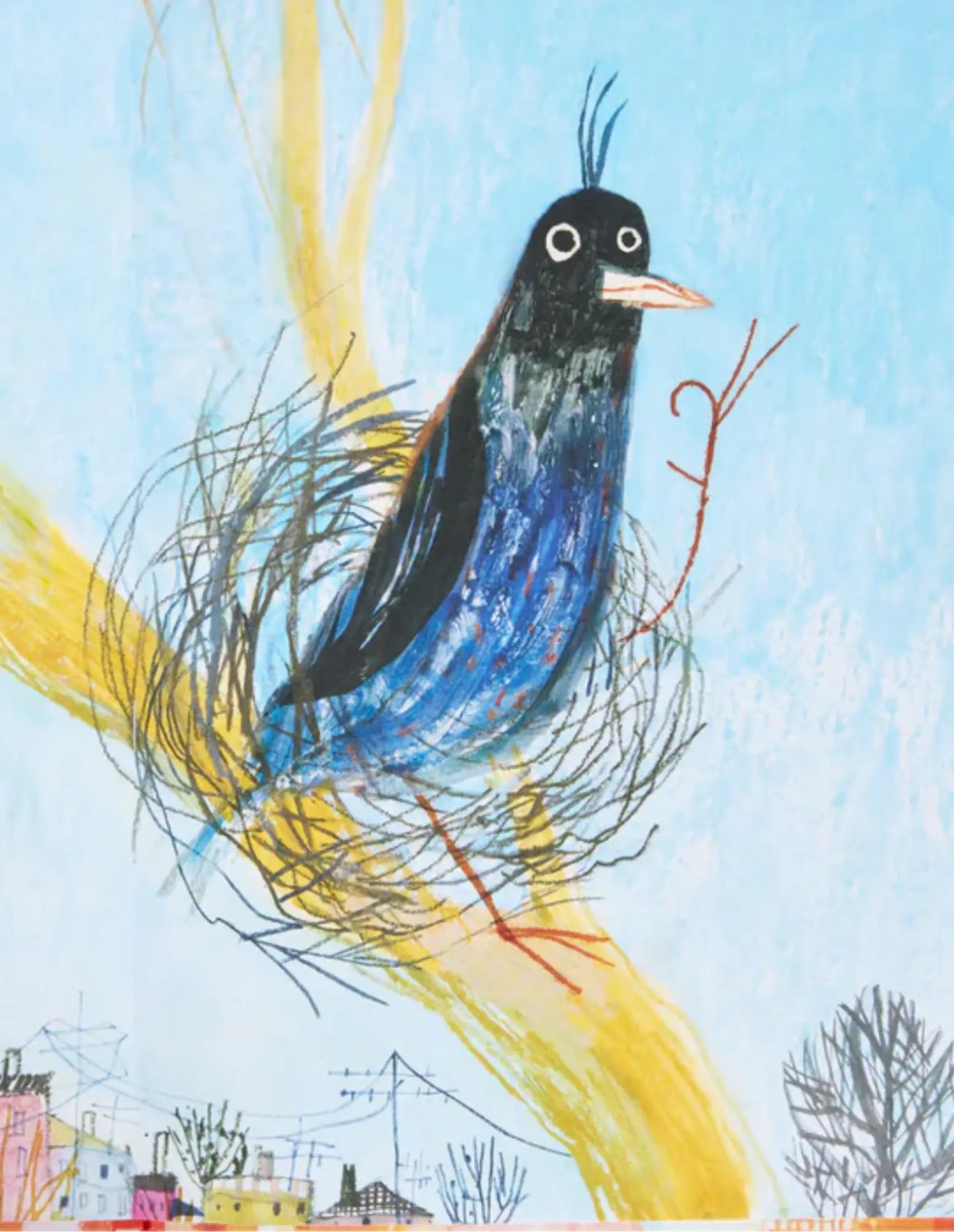 Bert the bird sitting in his nest in Anni & Bert: A Weaving Story