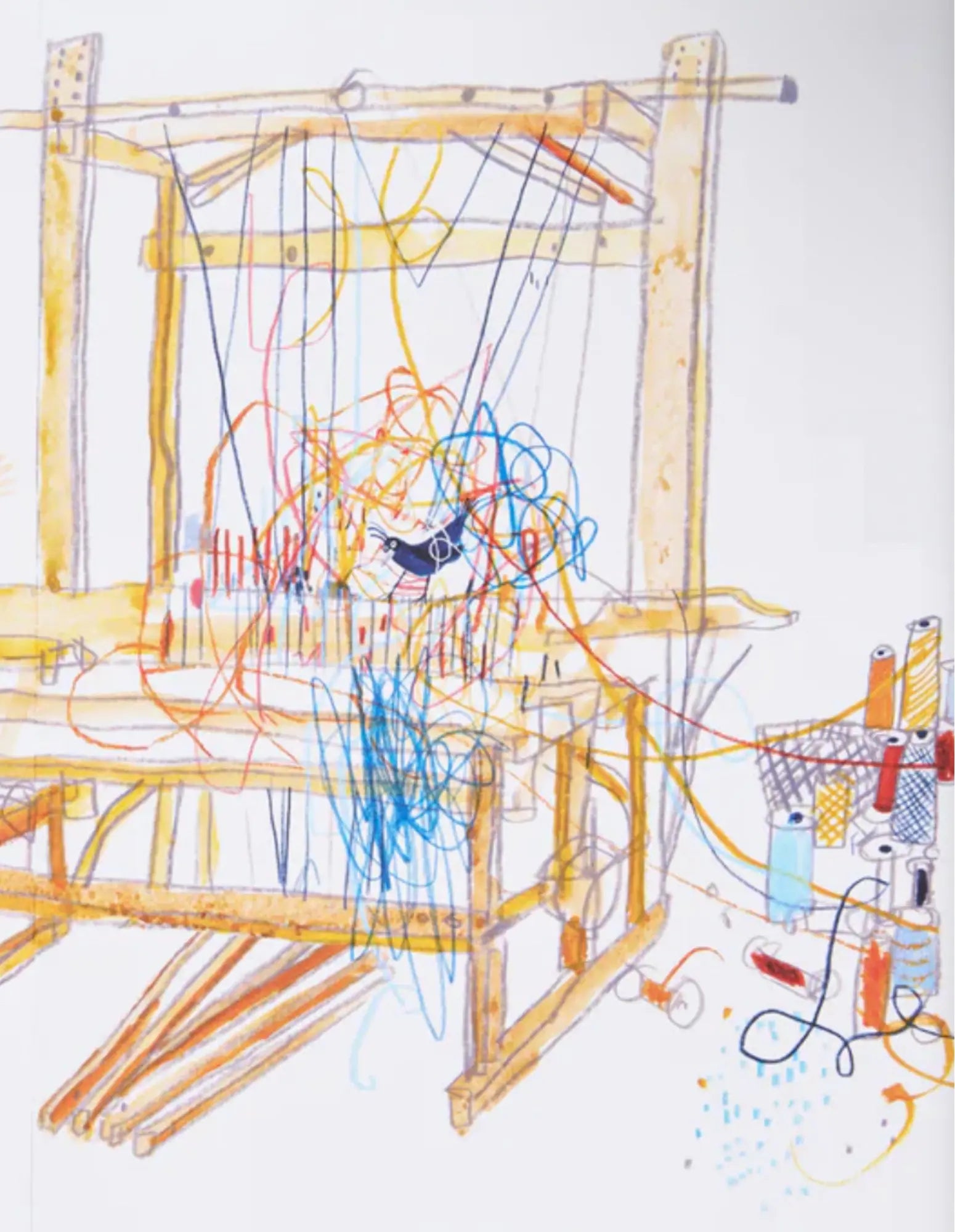 Illustration of a weaving loom and colorful threads from Anni & Bert: A Weaving Story