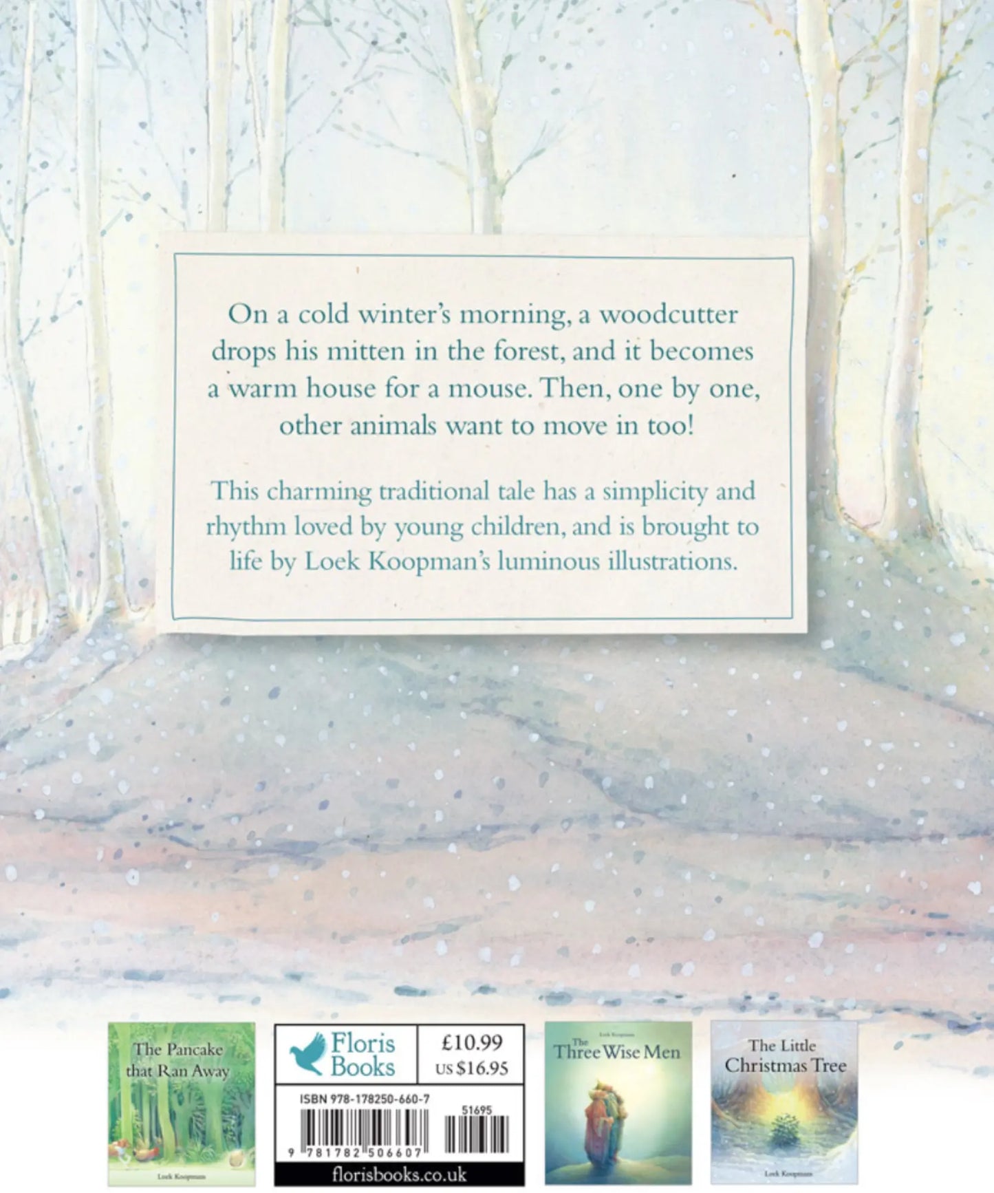 Bookback with snowy forest scene and text about a mitten story, featuring Floris Books branding.