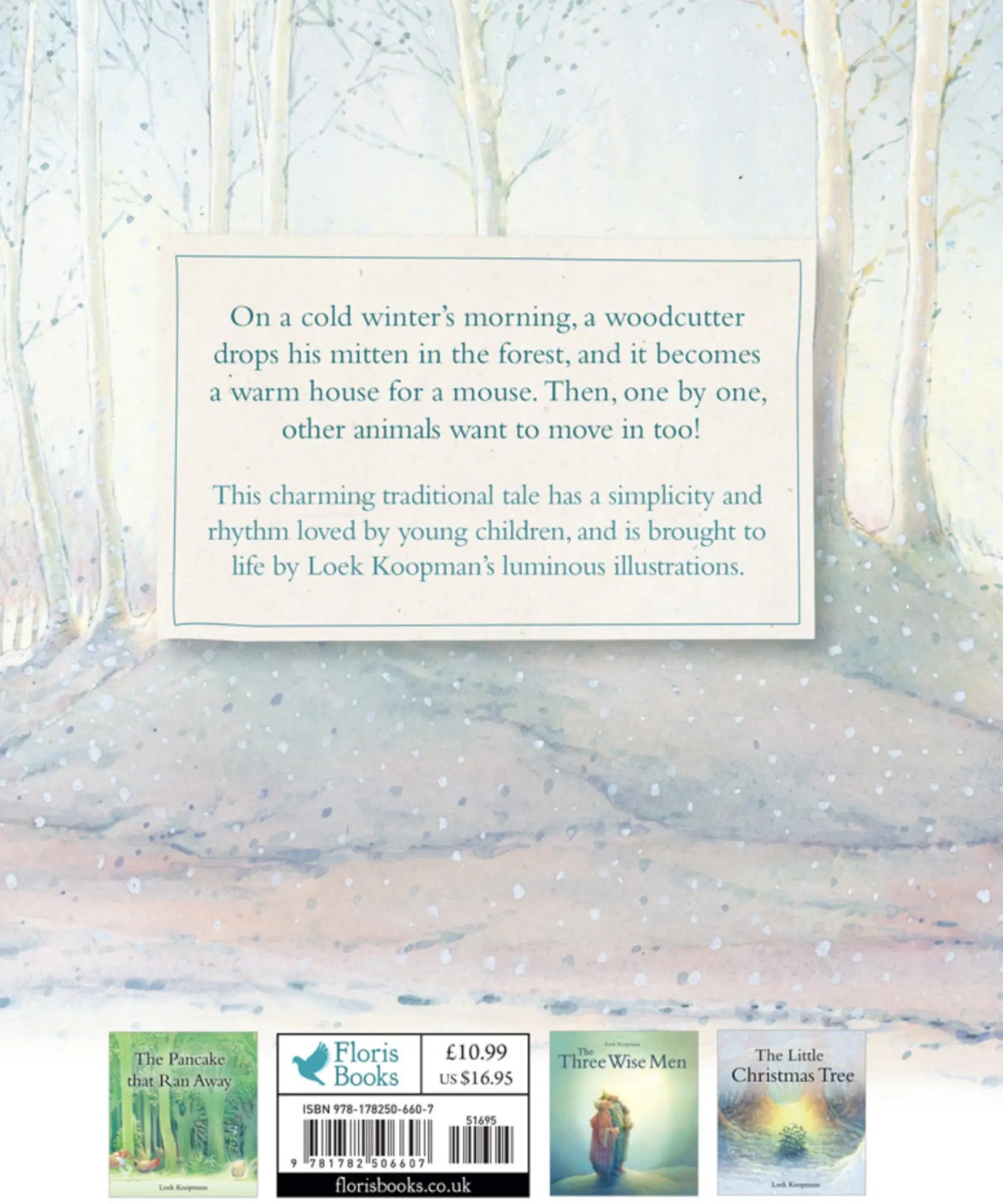 Bookback with snowy forest scene and text about a mitten story, featuring Floris Books branding.