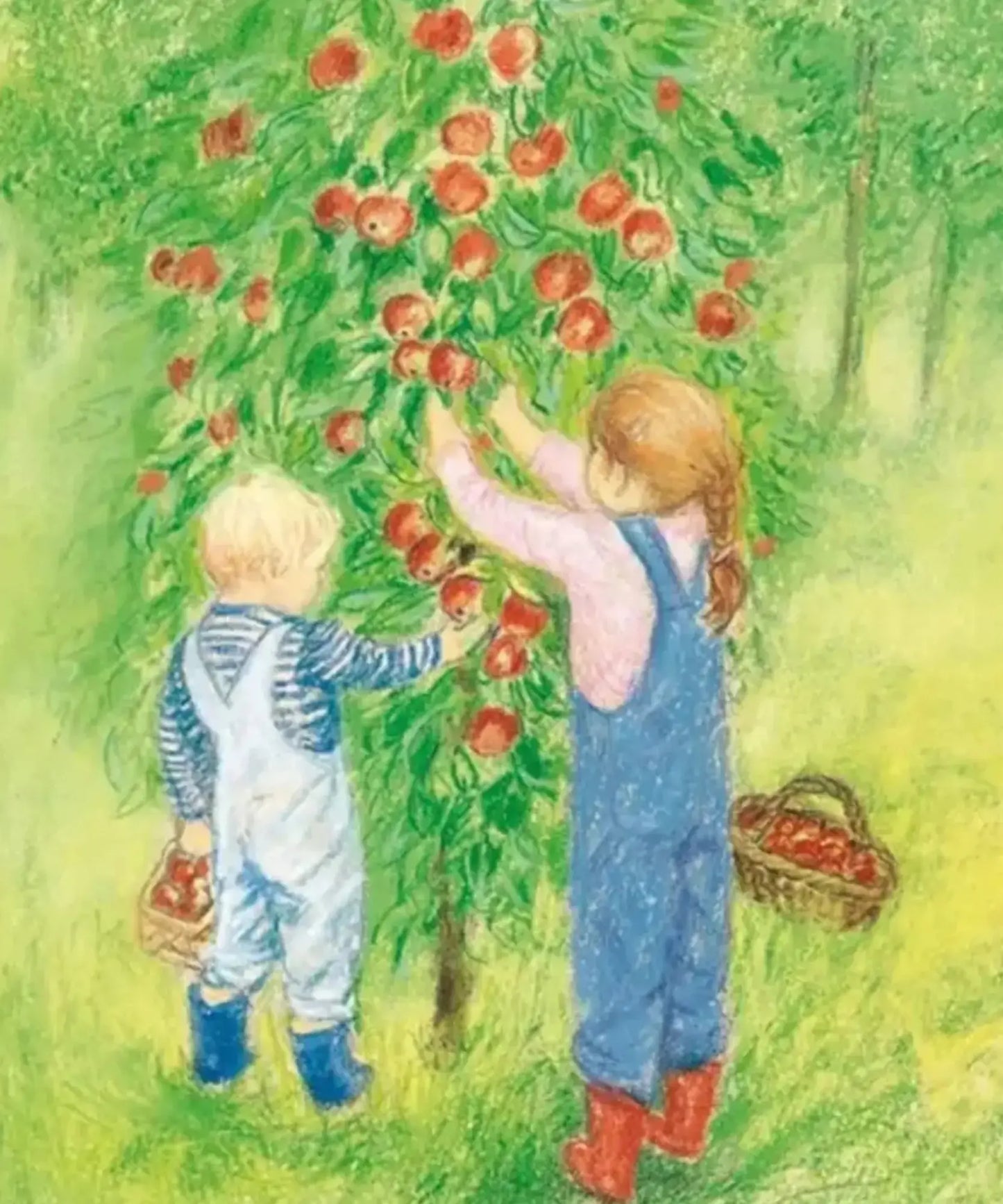 Two children picking apples from a tree in a garden setting.