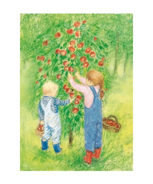 Illustration of two children picking apples from a tree.