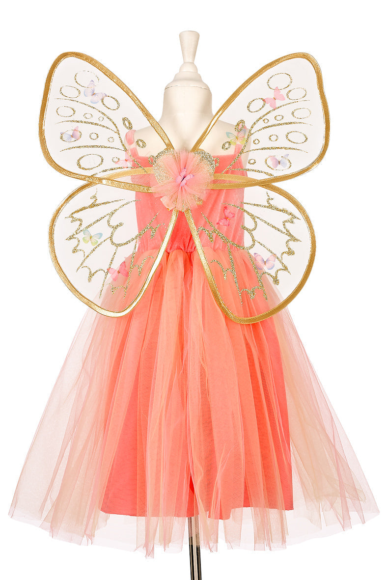 Apricot-orange fairy dress with gold wings for kids dress-up and imaginative play back view