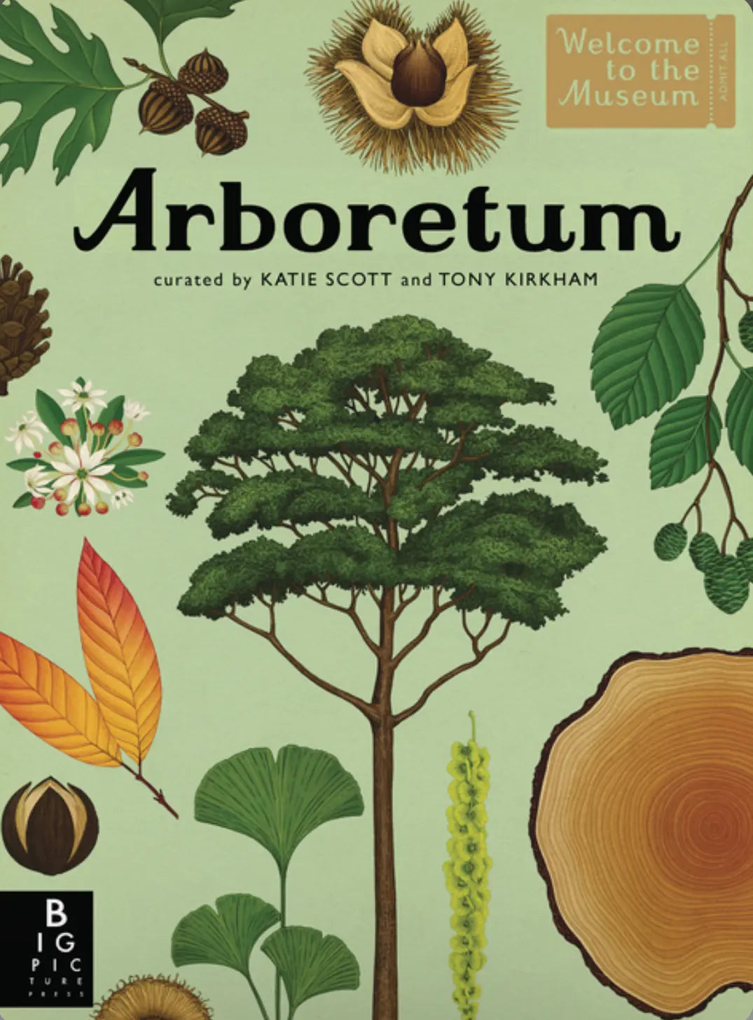 Cover of the book 'Arboretum' featuring illustrations of trees, leaves, seeds, cones, catkins on light green