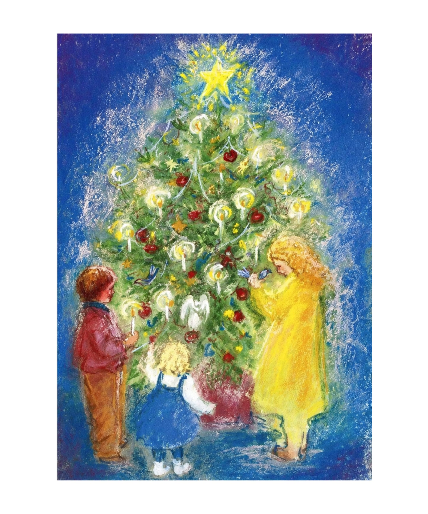 Children decorating a Christmas tree with ornaments against a blue background