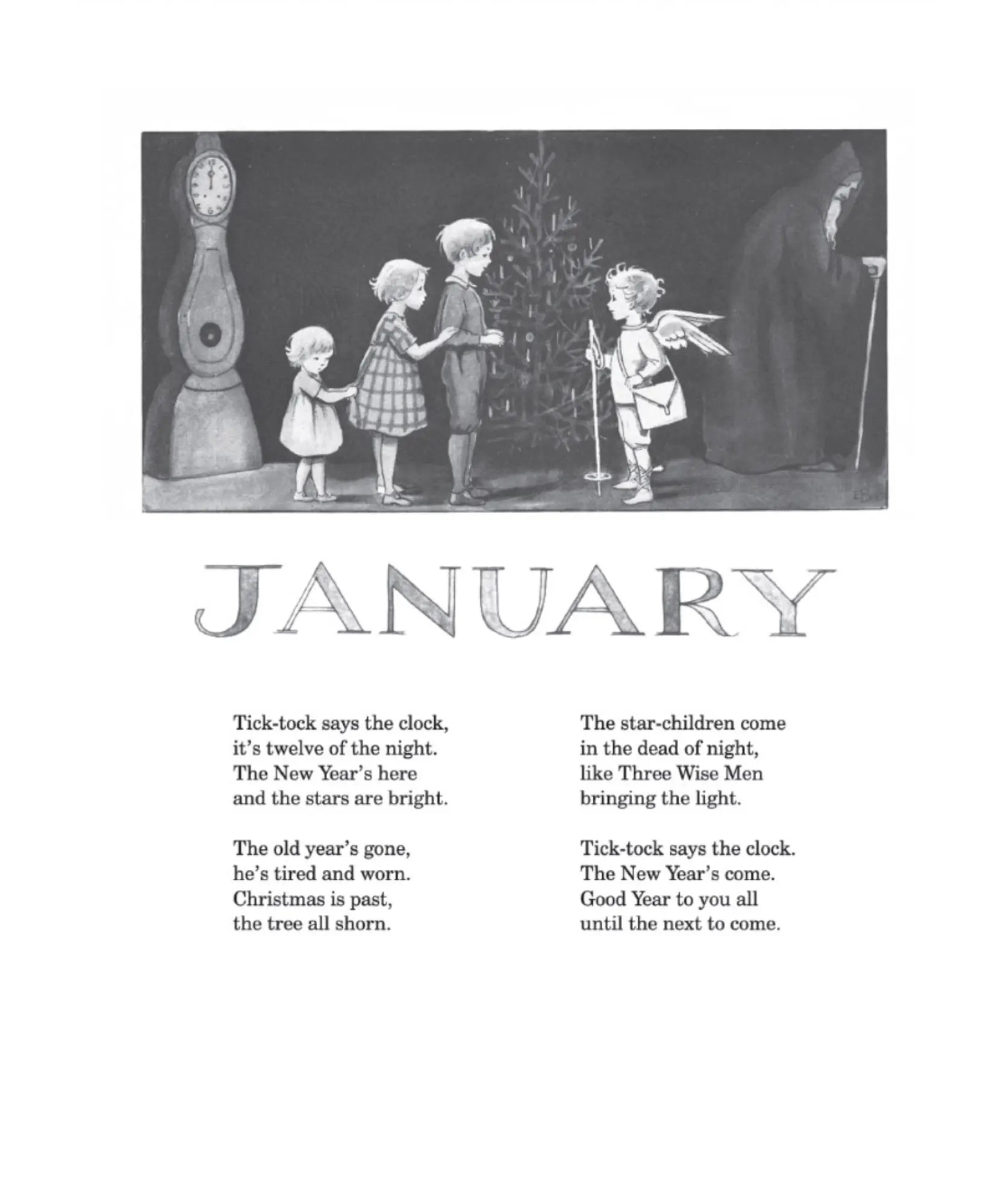 Black and white illustration of children around a Christmas tree with text about January.