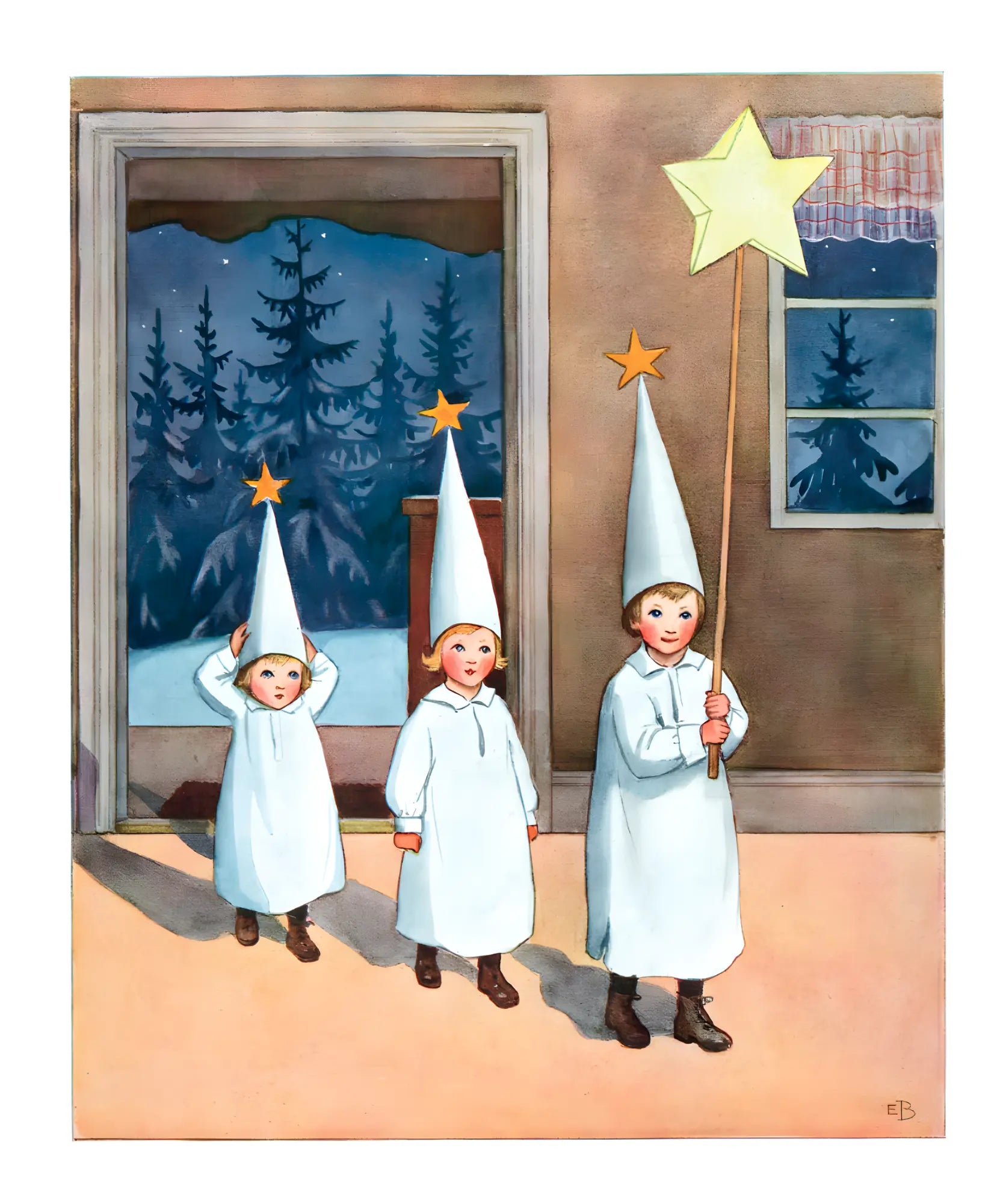 Three children in white outfits with hats and stars, standing in a room with a window showing a snowy landscape.