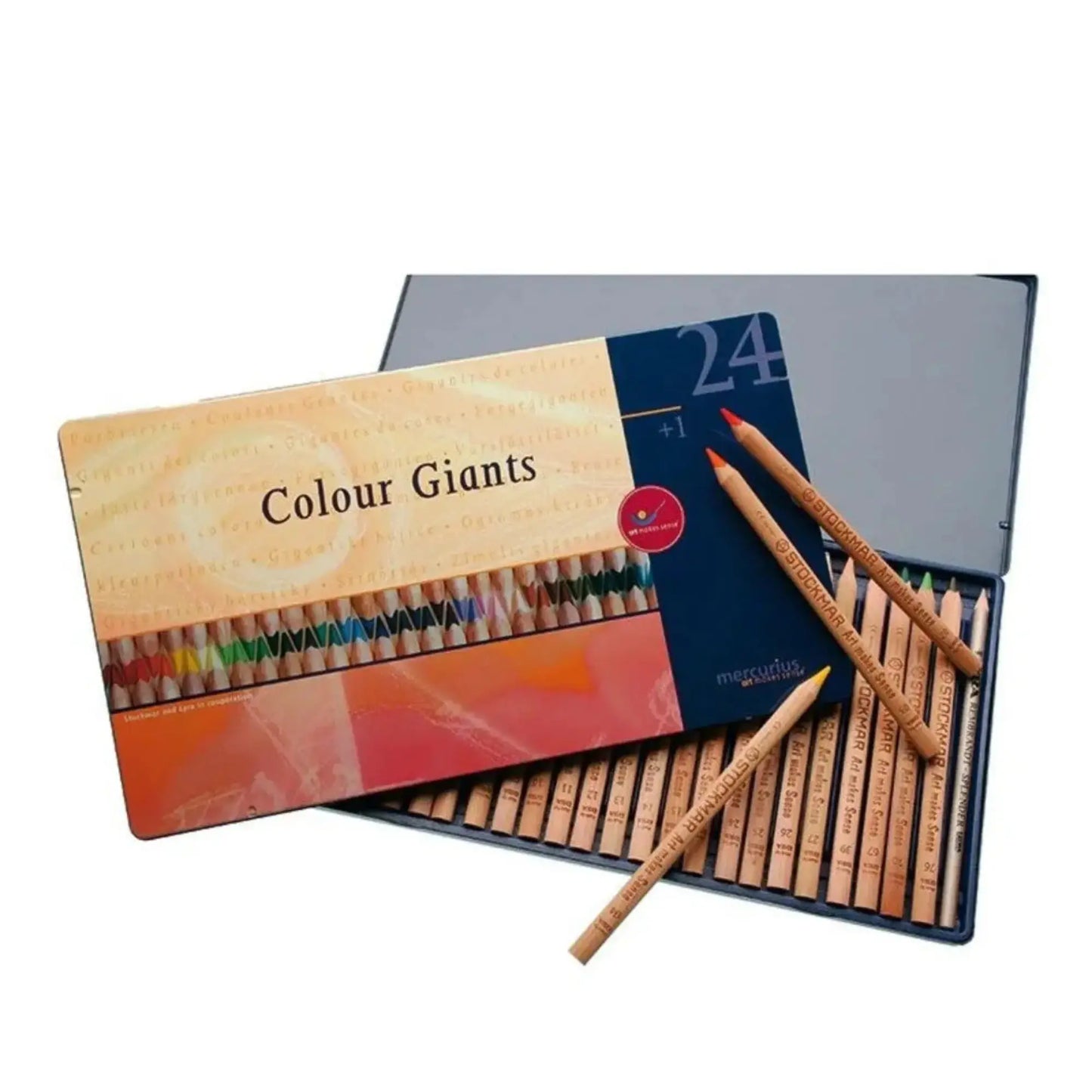 Set of Colour Giants colored pencils with a tin on a white background