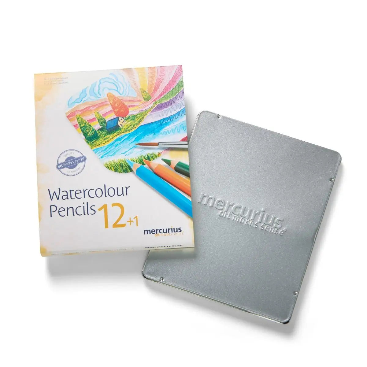 Mercurius watercolour pencils set with packaging on a white background