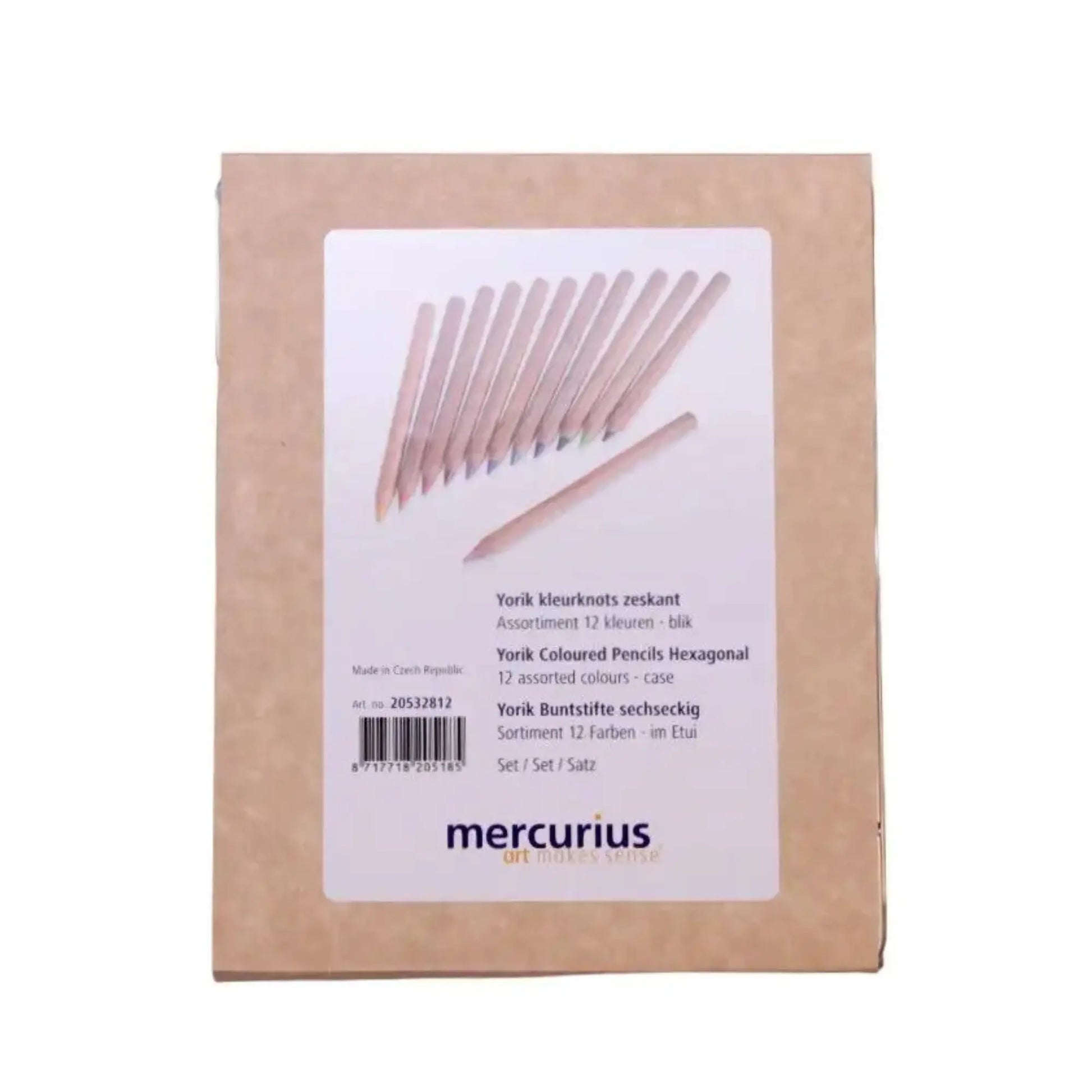 Packaging of Mercurius colored pencils with a white label on a beige background