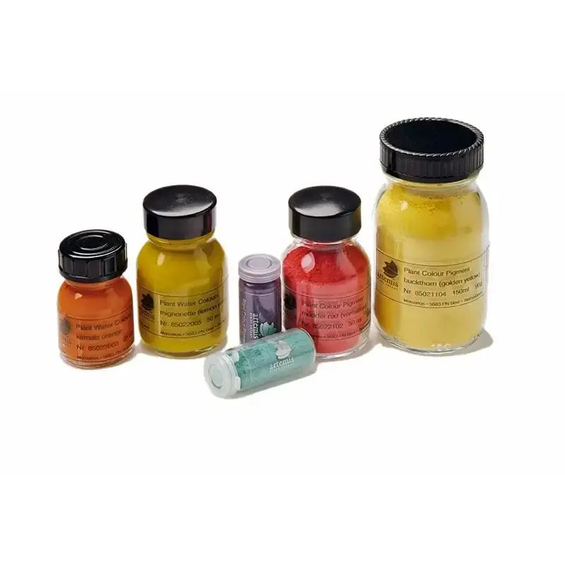 Natural plant pigment powder set in glass jars for making botanical watercolor paints