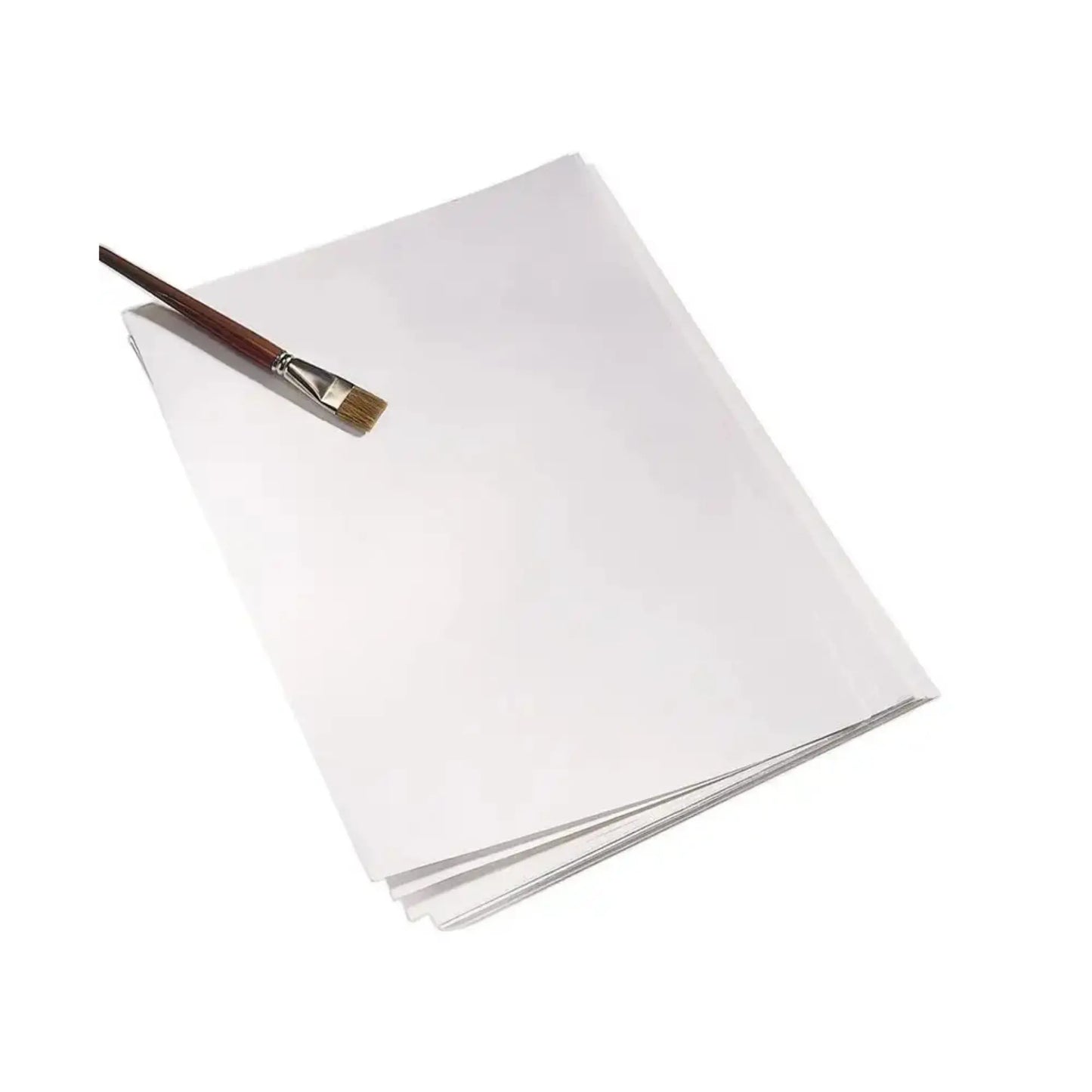 Close-up of Hahnemühle 250gsm cold-pressed watercolor paper stack with a single artist paintbrush