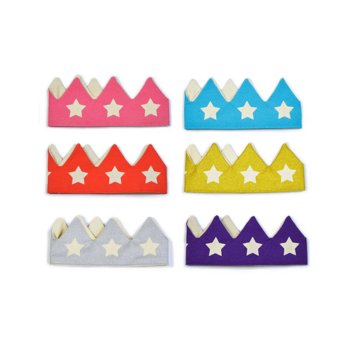 Assorted cotton canvas star dress-up crowns with cream stars in pink, blue, orange, gold, silver, and purple