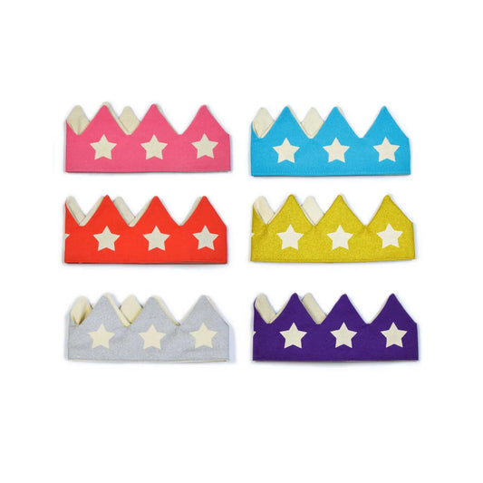 Assorted cotton canvas star dress-up crowns with cream stars in pink, blue, orange, gold, silver, and purple