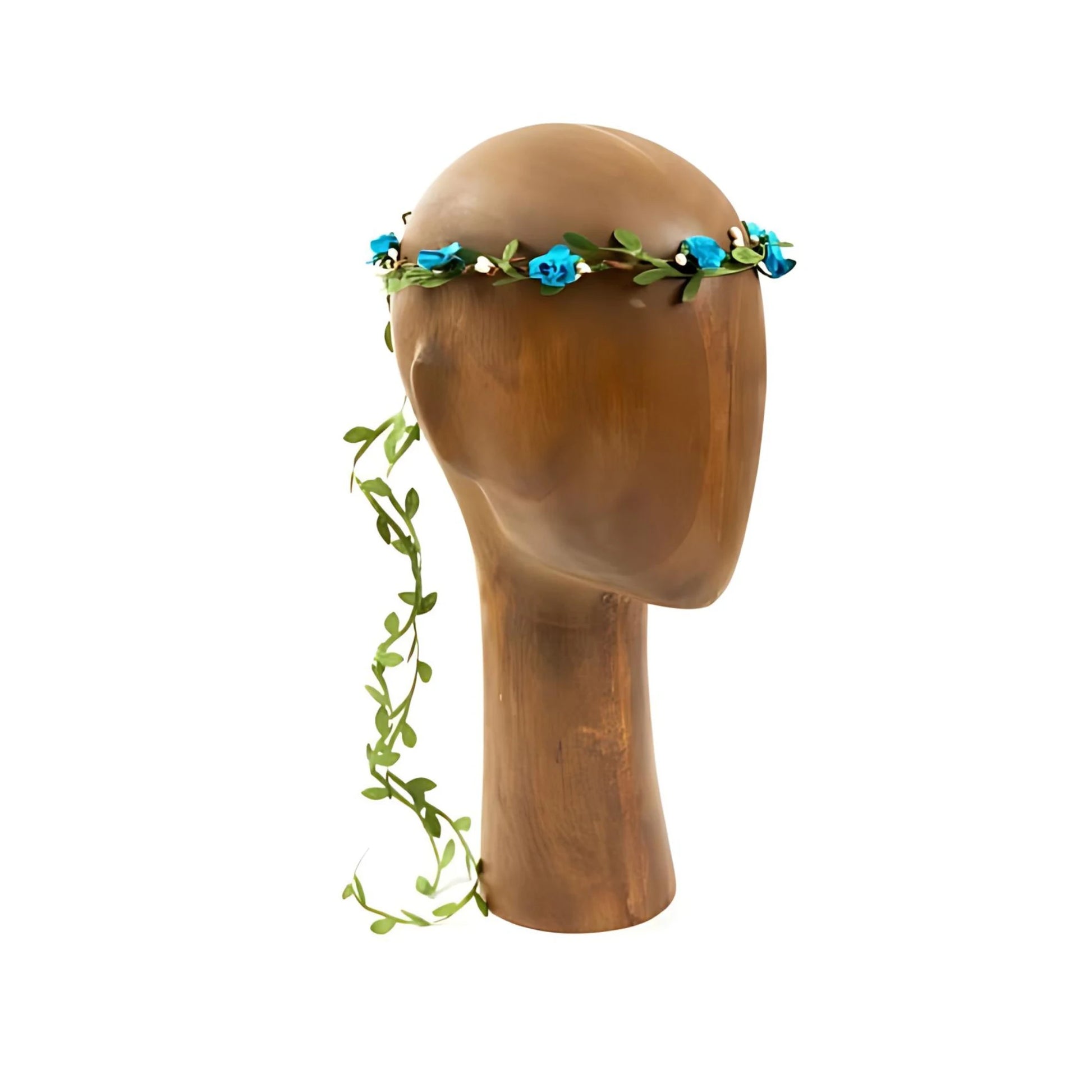 Flower Crown with blue and white flowers and green leaves on a wooden mannequin on white background