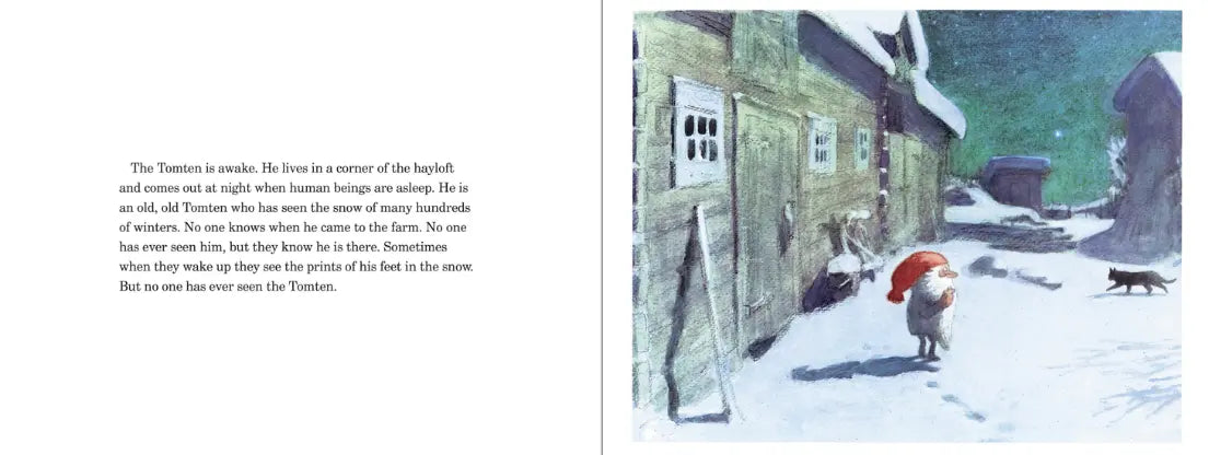 Illustration of a snowy village scene with text overlay