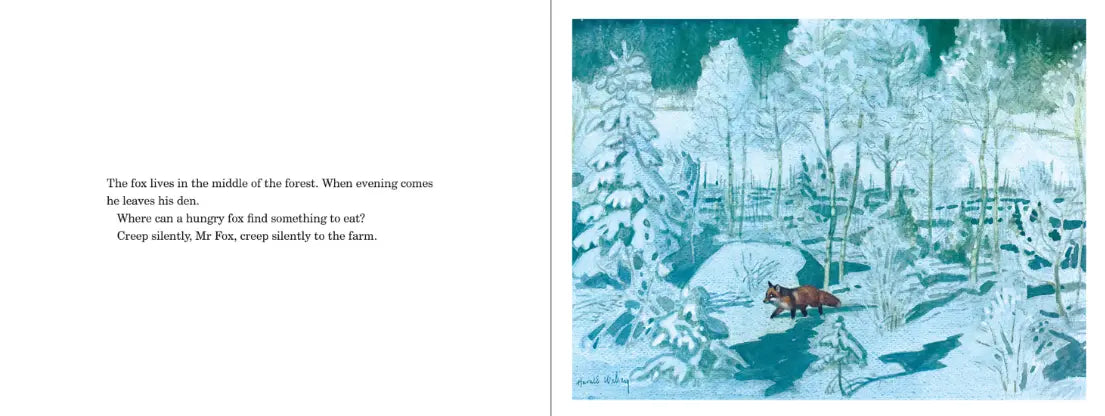 Illustration of a fox in a snowy forest with text on a white background